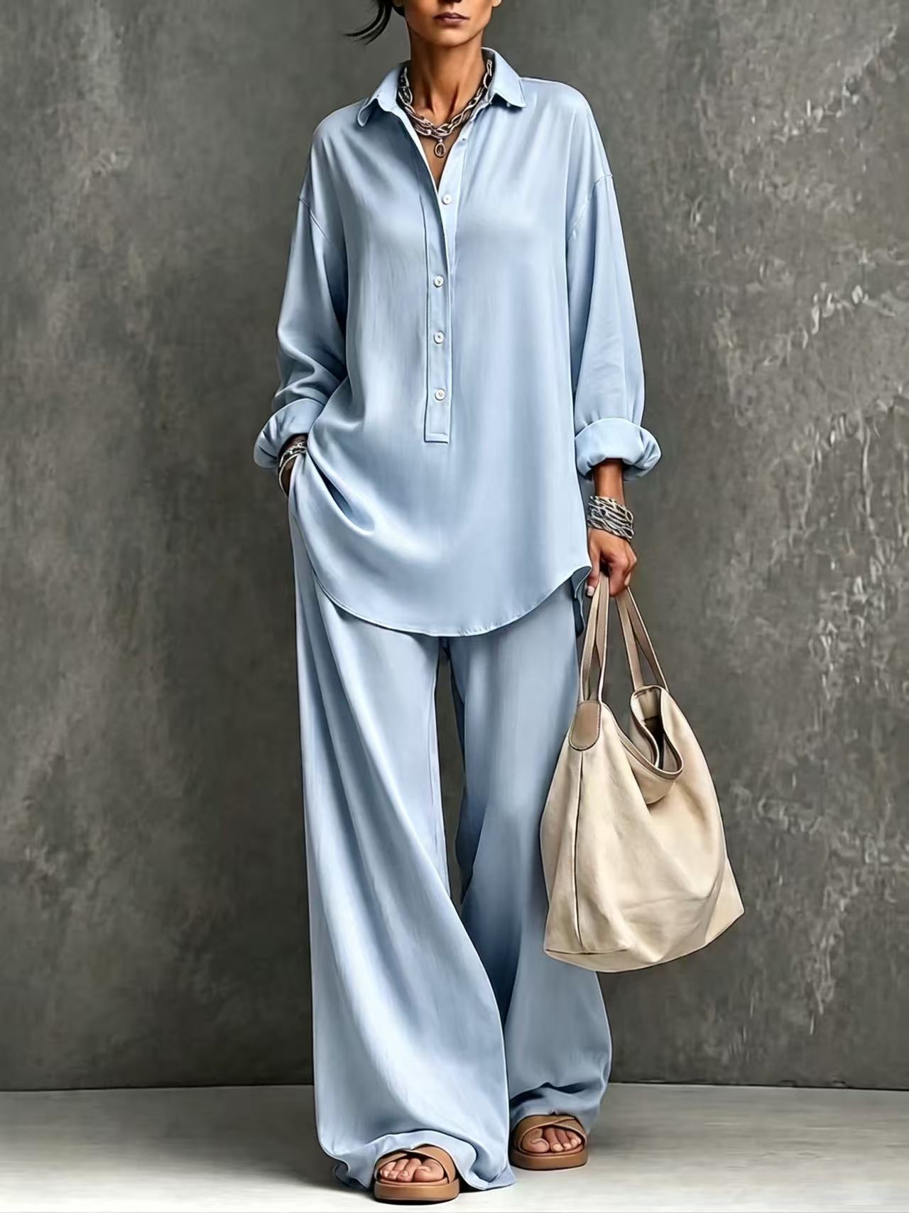 Women's Solid Color Collared Button Long Sleeve Shirt & Wide Leg Pants Set