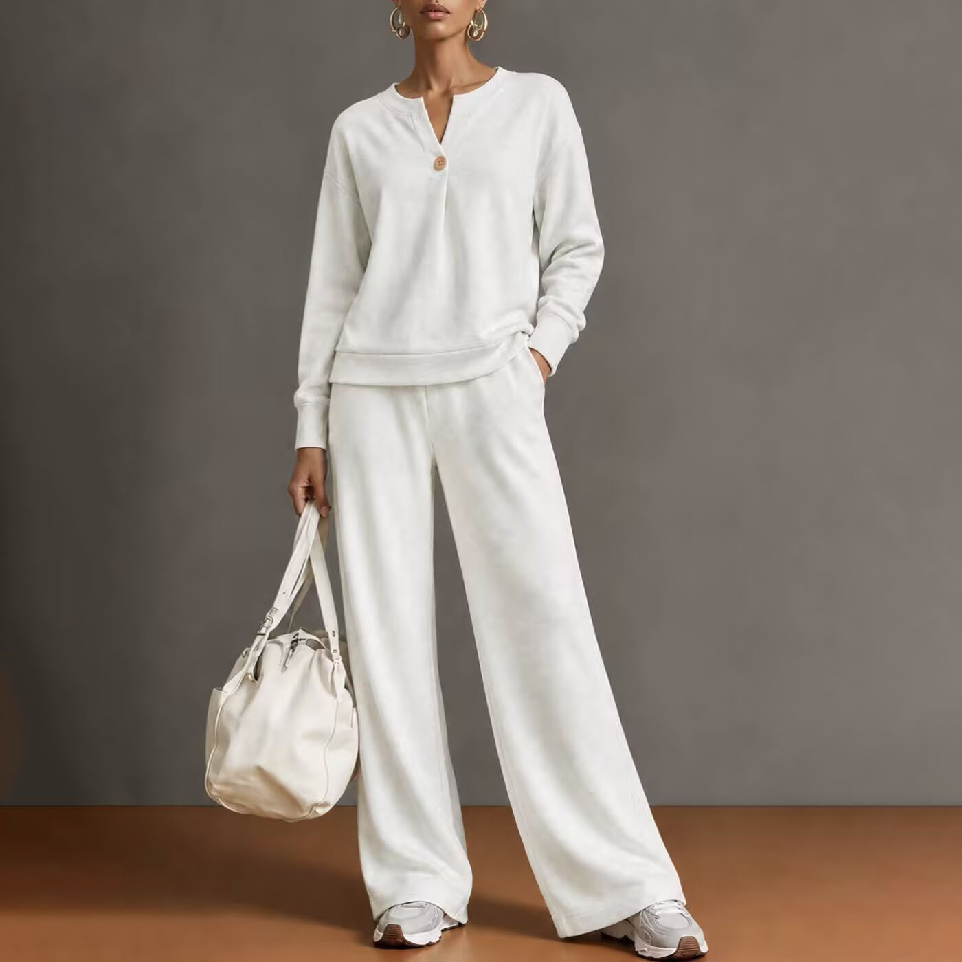 Women's Casual Solid Color Stand Collar Cardigan Sweatshirt and Wide-Leg Pants Set
