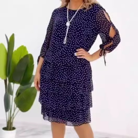 Polka Dot Chiffon Midi Dress with Spliced Design and 3/4 Sleeves