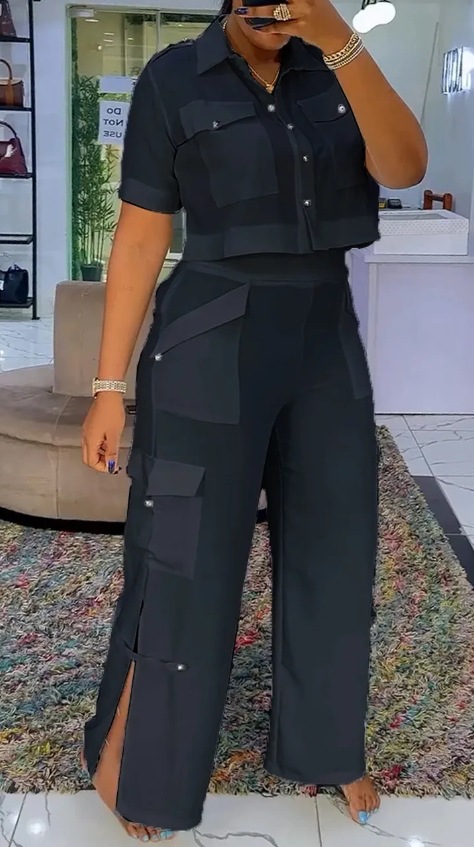 Women's High Neck Top and Multi-Pocket Patchwork Pants Casual Set