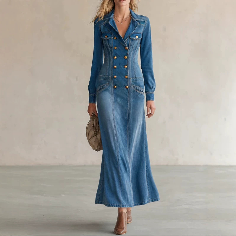 Retro Washed Denim Long Sleeve Double-Breasted Long Dress