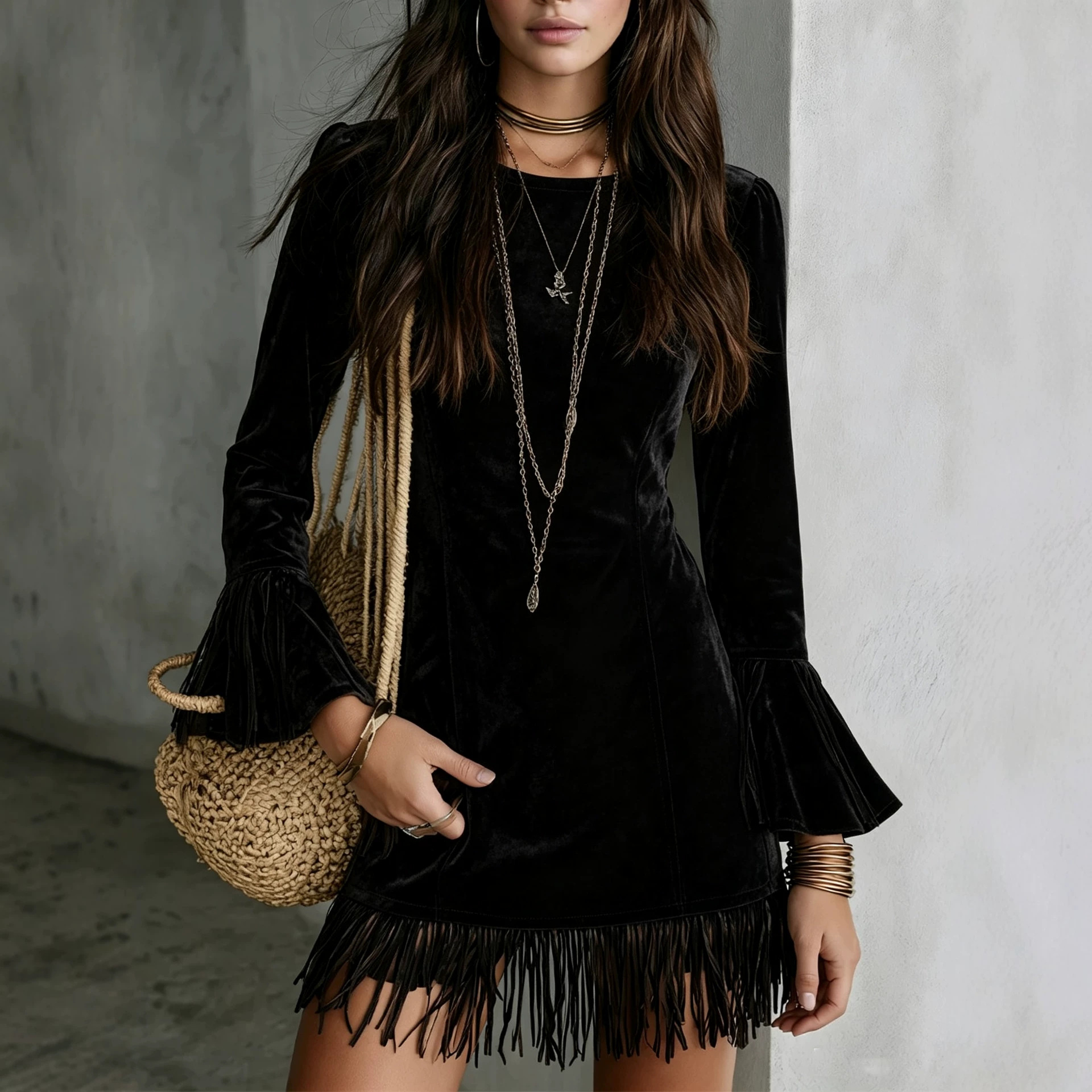 Faux Suede Fringe Slim Fit Long Sleeve Dress