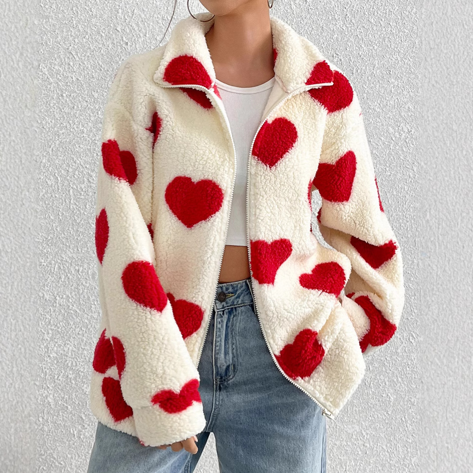 Fuzzy Heart Print Loose Long Sleeve Zip Cardigan Jacket