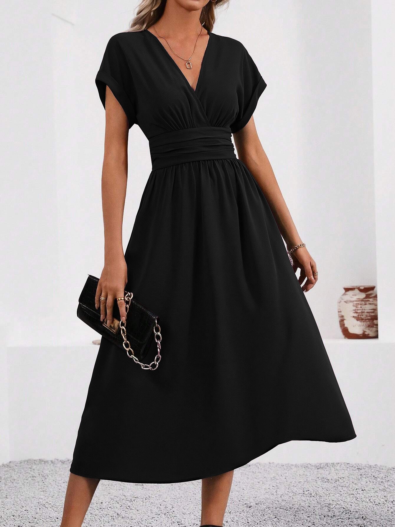 Women's Solid Overlap V-Neck Batwing Sleeve Ruched Waist Long Dress