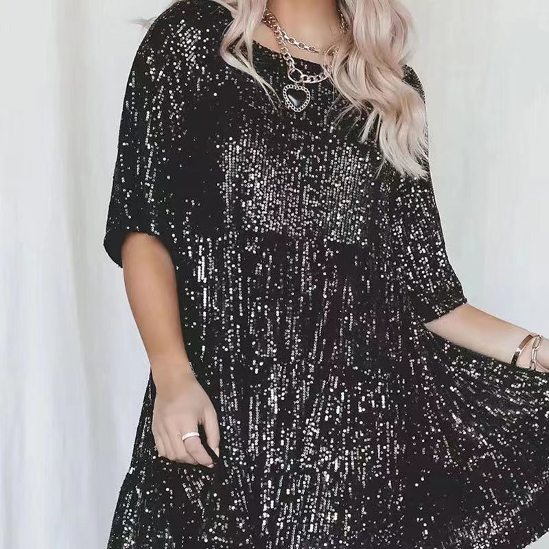 Sequin Round Neck Loose Short Sleeve Midi Dress for Parties and Evening