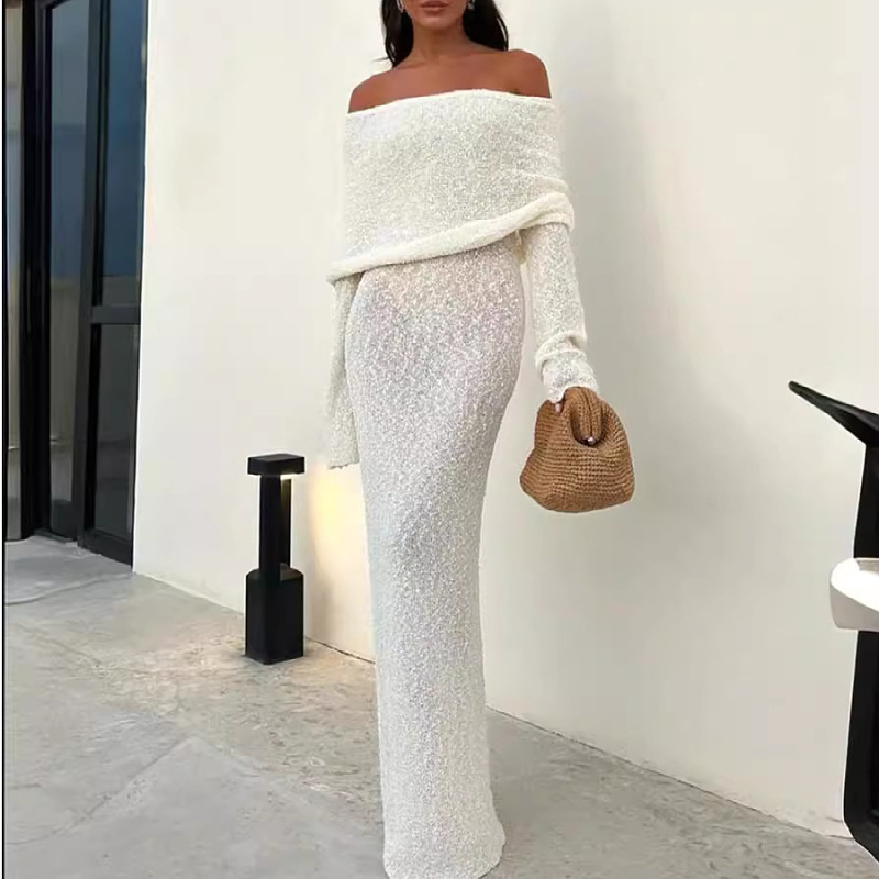 Women's Off-Shoulder Long-Sleeve Knit Maxi Dress