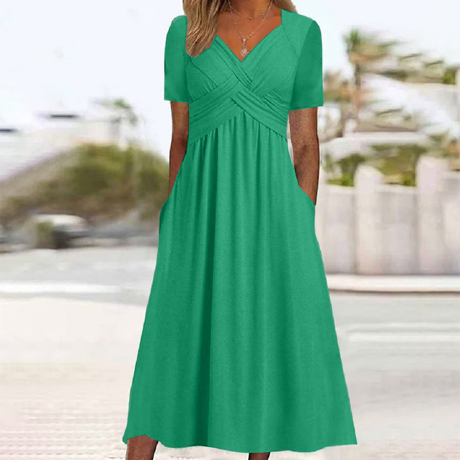 Women's Solid Color Short Sleeve Round Neck Umbrella Dress