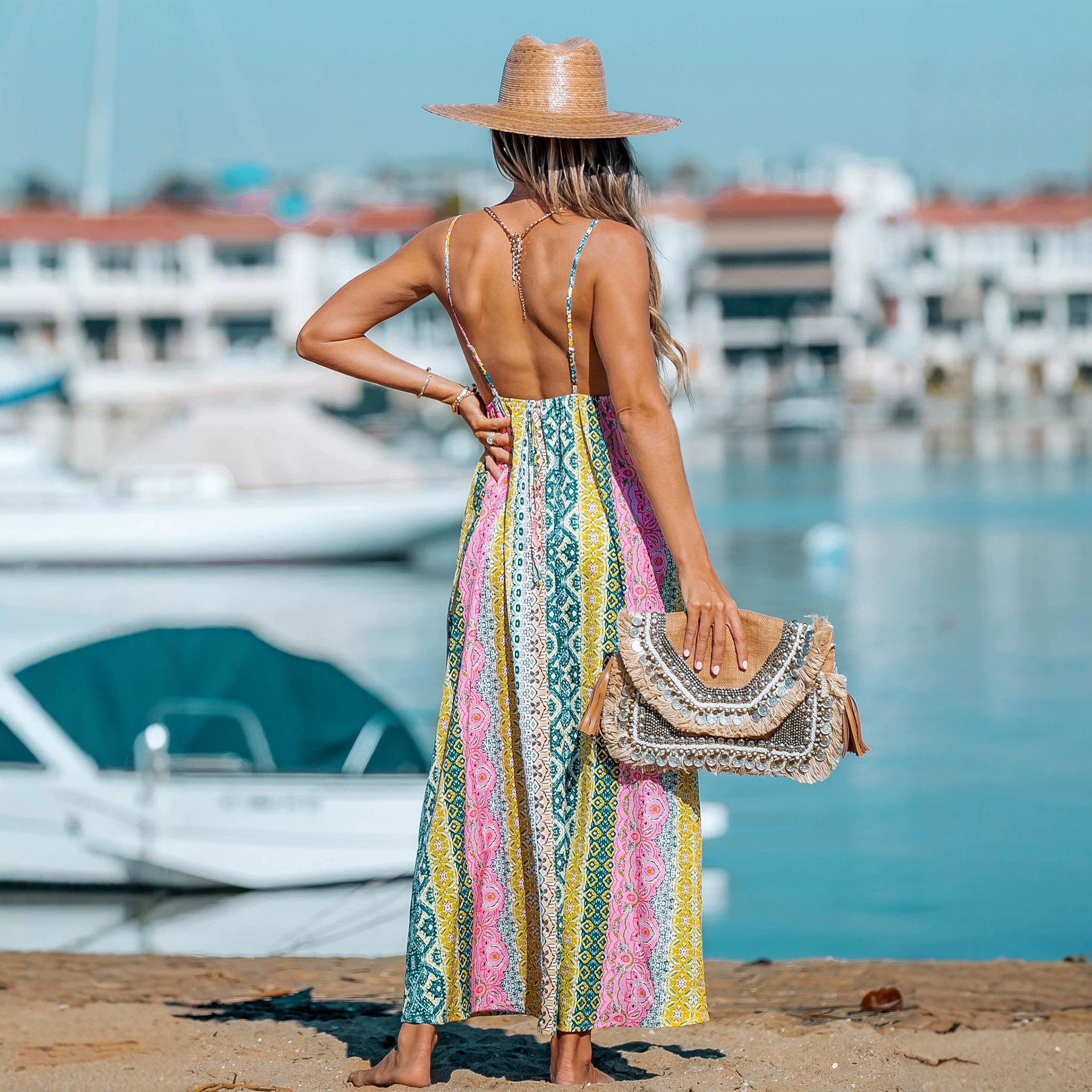 V-Neck Open-Back Cami Printed Maxi Dress