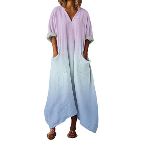 Women's Colorful Gradient A-Line Midi Dress with Deep V-Neck and Long Sleeves