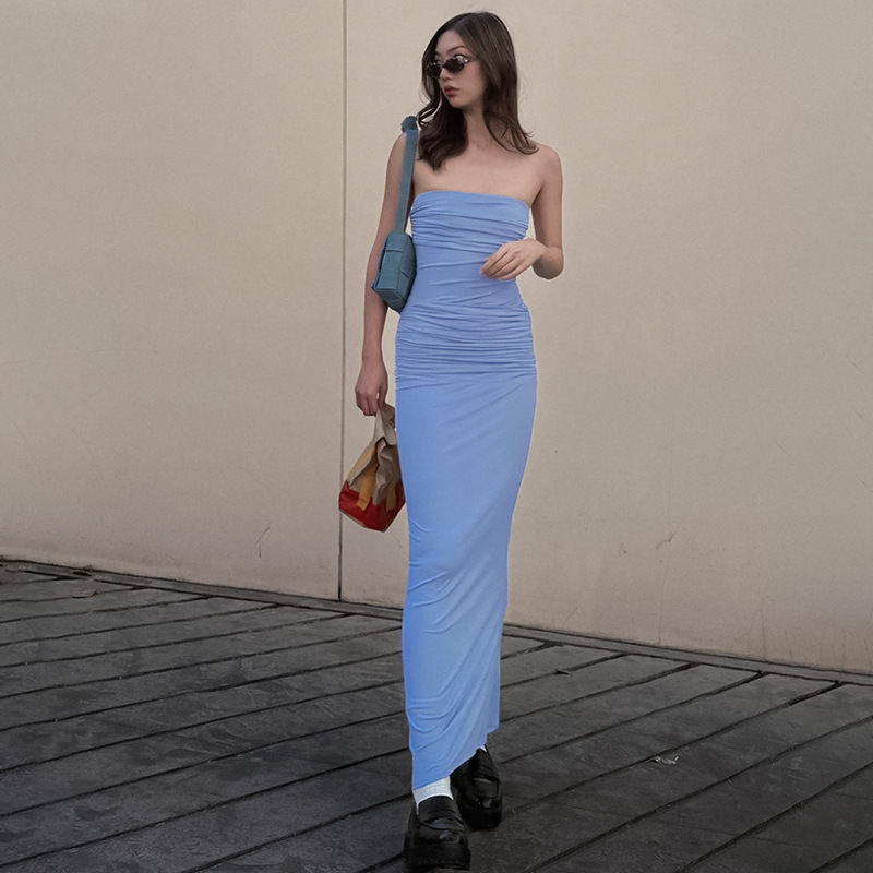 Women's Sleeveless Off-Shoulder Ruched High-Waist Bodycon Maxi Dress