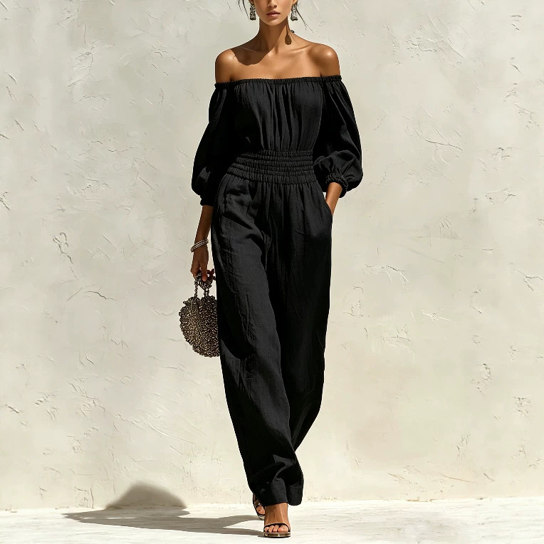Women's Off-Shoulder Long Sleeve Wide Leg Jumpsuit with Elastic Waist