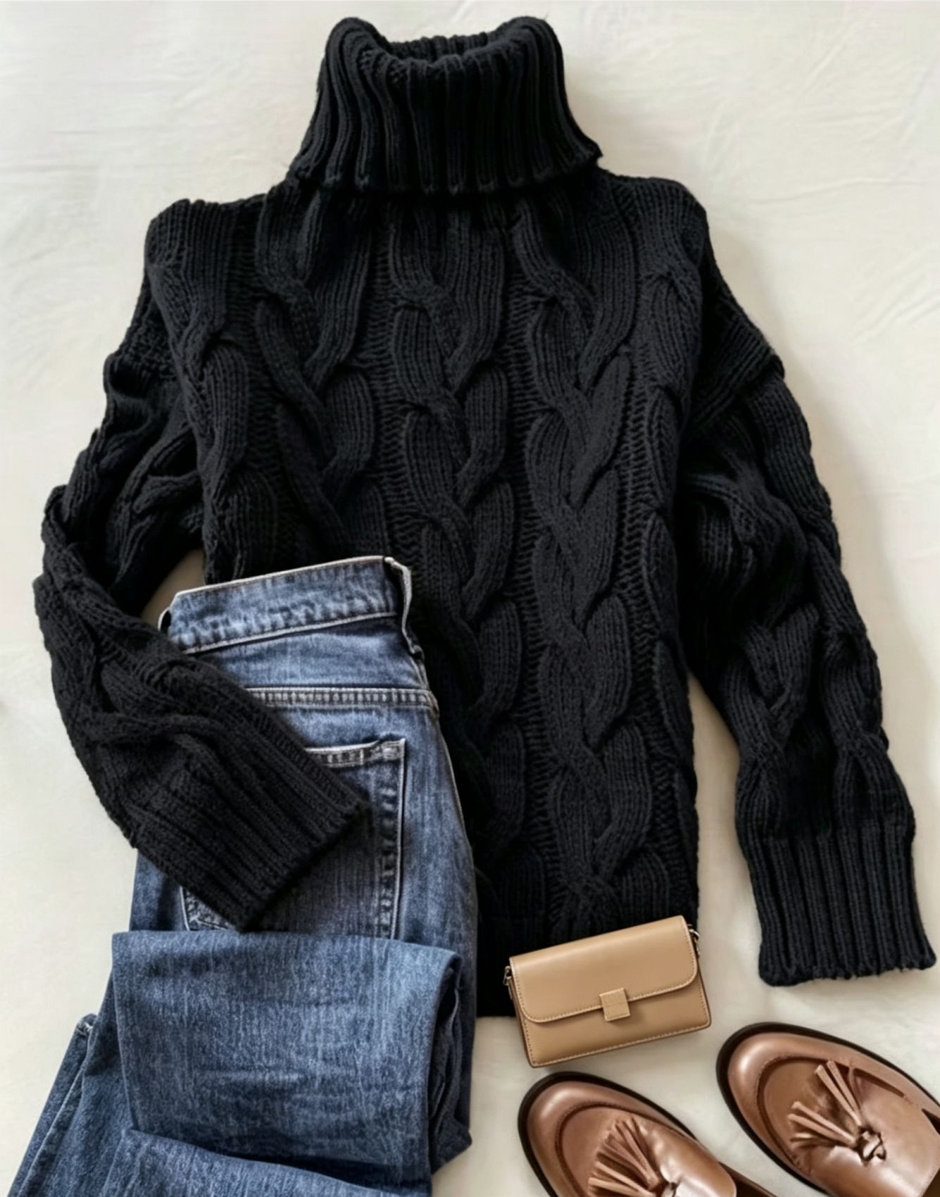 Cable-Knit Turtleneck Long-Sleeve Pullover Sweater