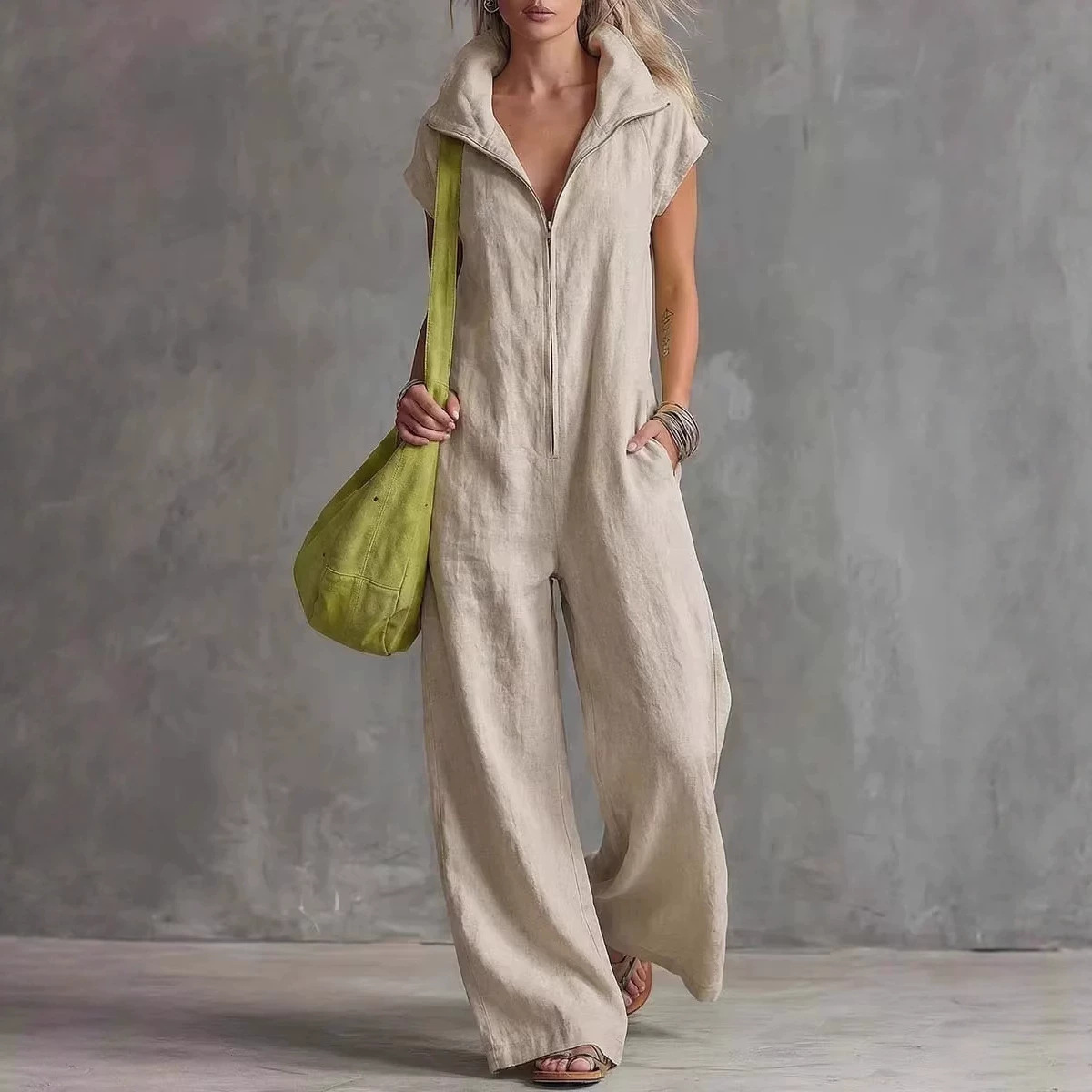 Women's Loose Linen Jumpsuit with Pockets Sleeveless Straight Leg