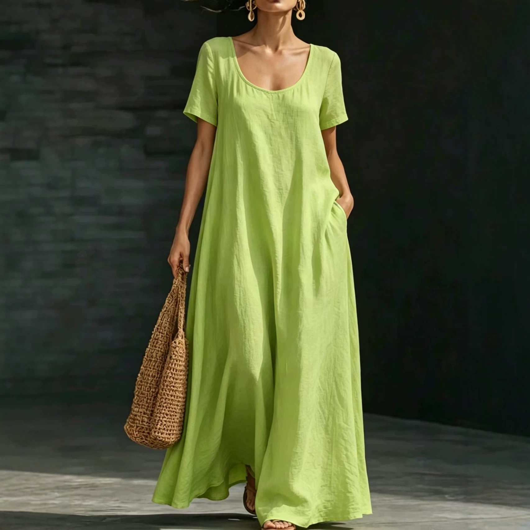 Summer U-Neck Short Sleeve Loose Fit Maxi Dress Solid Casual