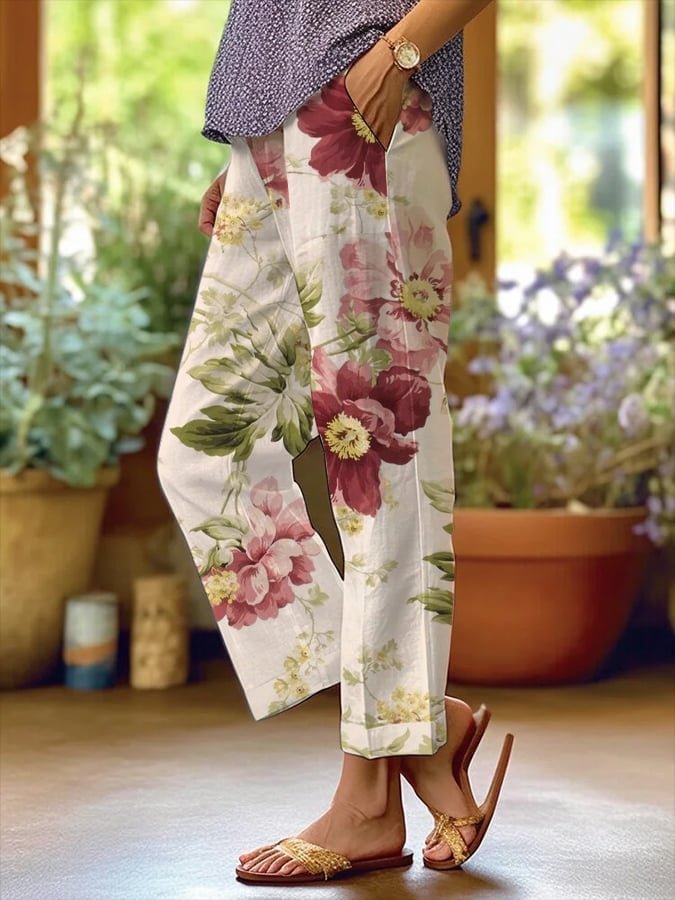 Women's Polka Dot Floral Print Straight-Leg Casual Pants