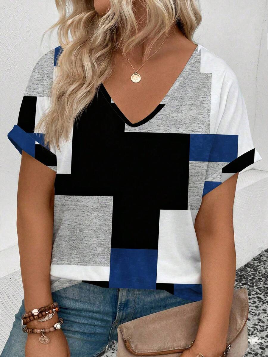 Gradient Heart Print V-Neck Short Sleeve Loose Women's Top