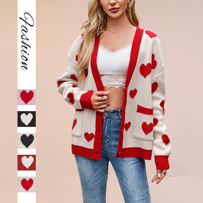 Heart Jacquard V-Neck Cardigan with Pockets