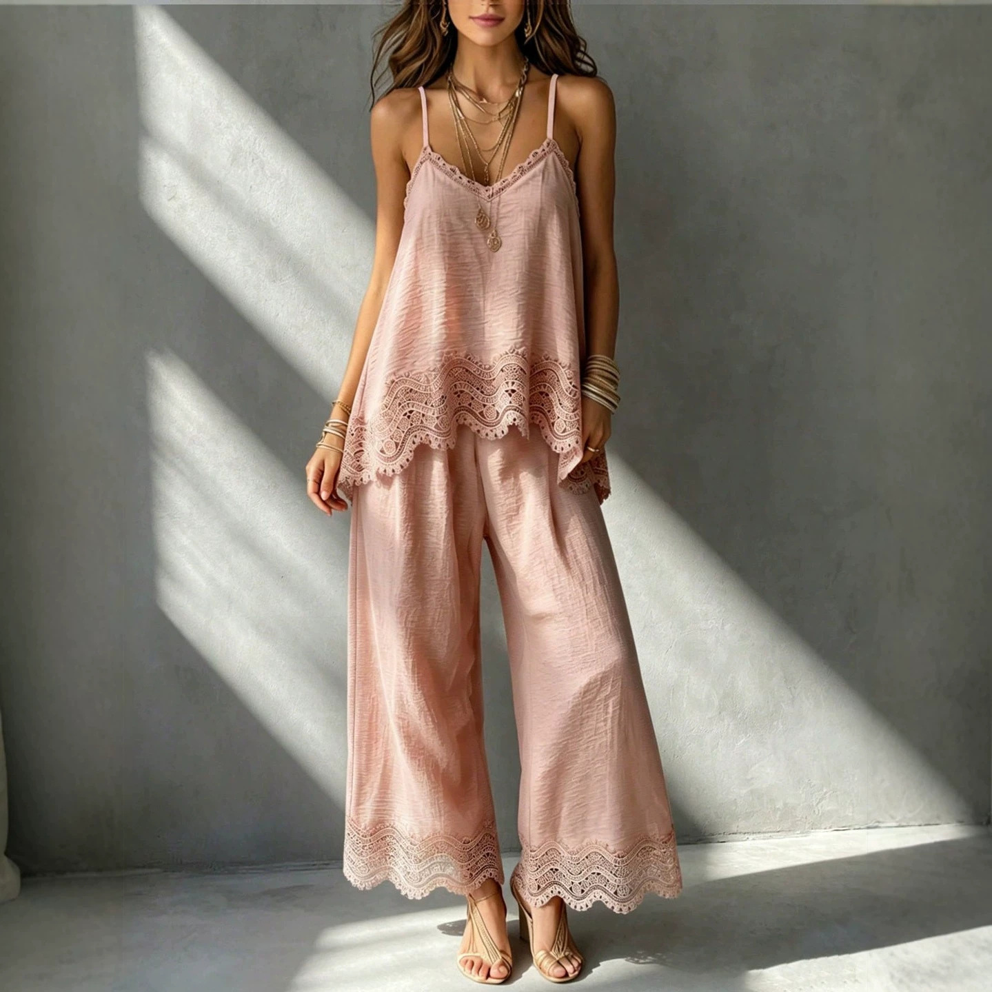 Women's Sleeveless Lace Tank Top and Pants Two-Piece Set Solid Color Casual