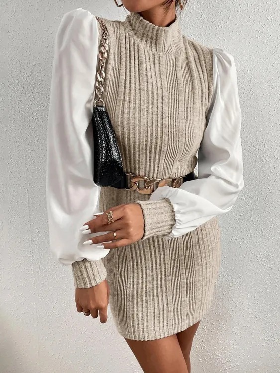 Fleece-Lined Ribbed Mock Neck Long Sleeve Paneled Slim Fit Dress