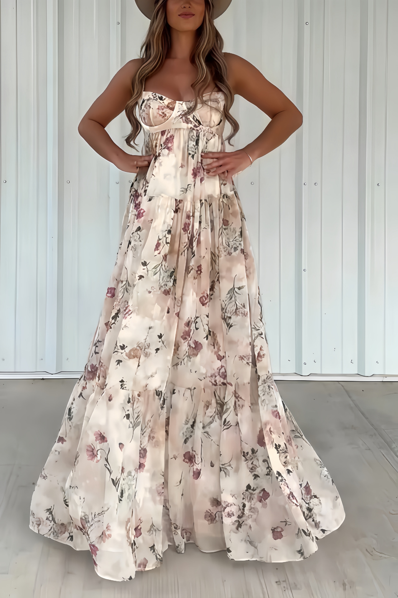 Women's Strapless Floral Print Maxi Dress High Waist Backless Slit
