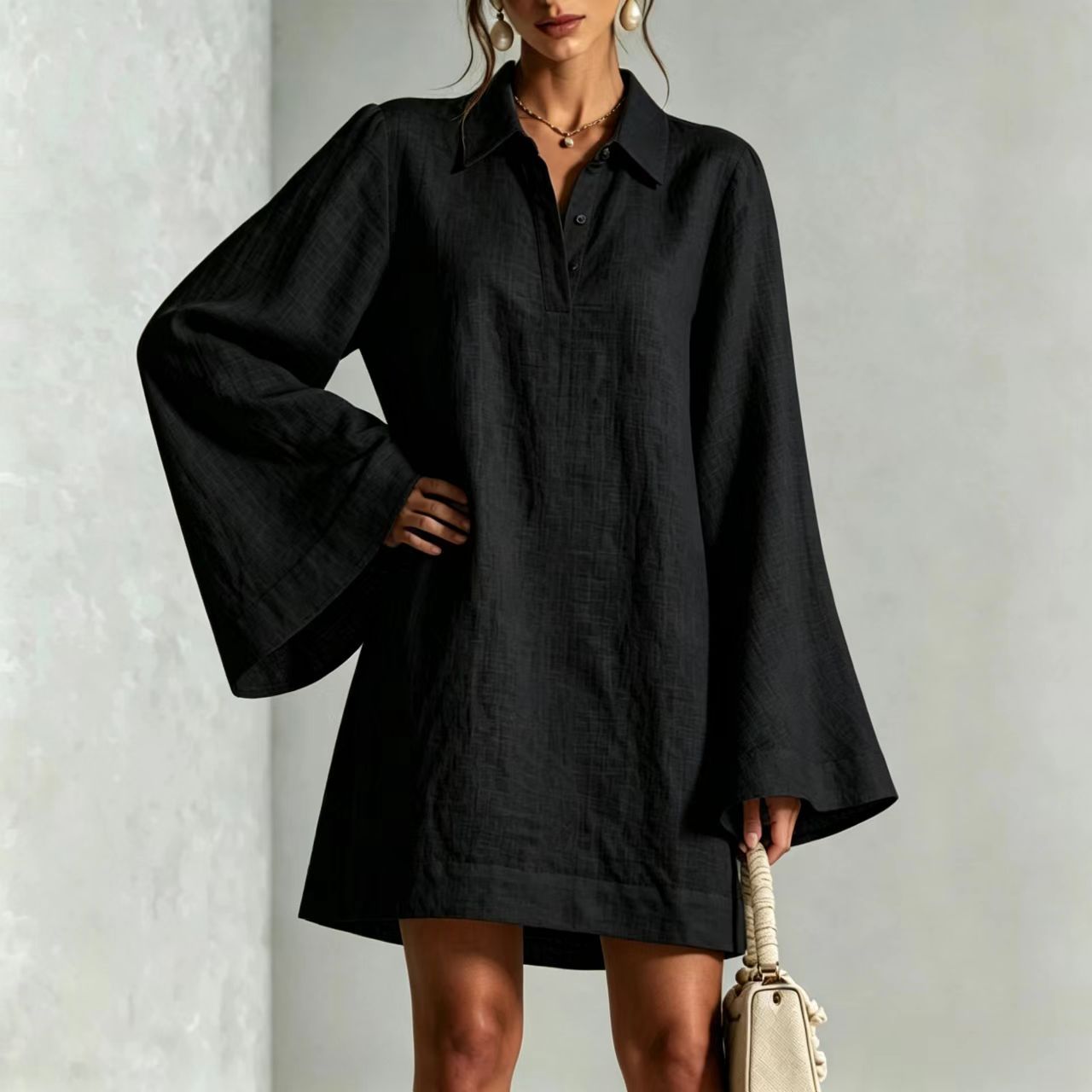 Women's Solid Color Flare Sleeve Dress with Lapel Collar, Loose Casual Midi