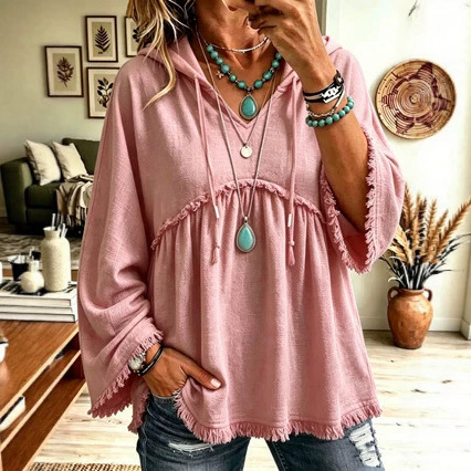 Annuo Self-Developed 2026 Europe & America Cross-Border Autumn/Winter New Women's Clothing Fall Loose Drawstring 3/4 Sleeve Casual Top for Women