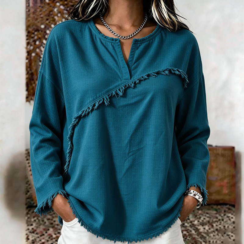 Women's Textured Fringe Tassel Retro Crewneck Long Sleeve Top Blouse
