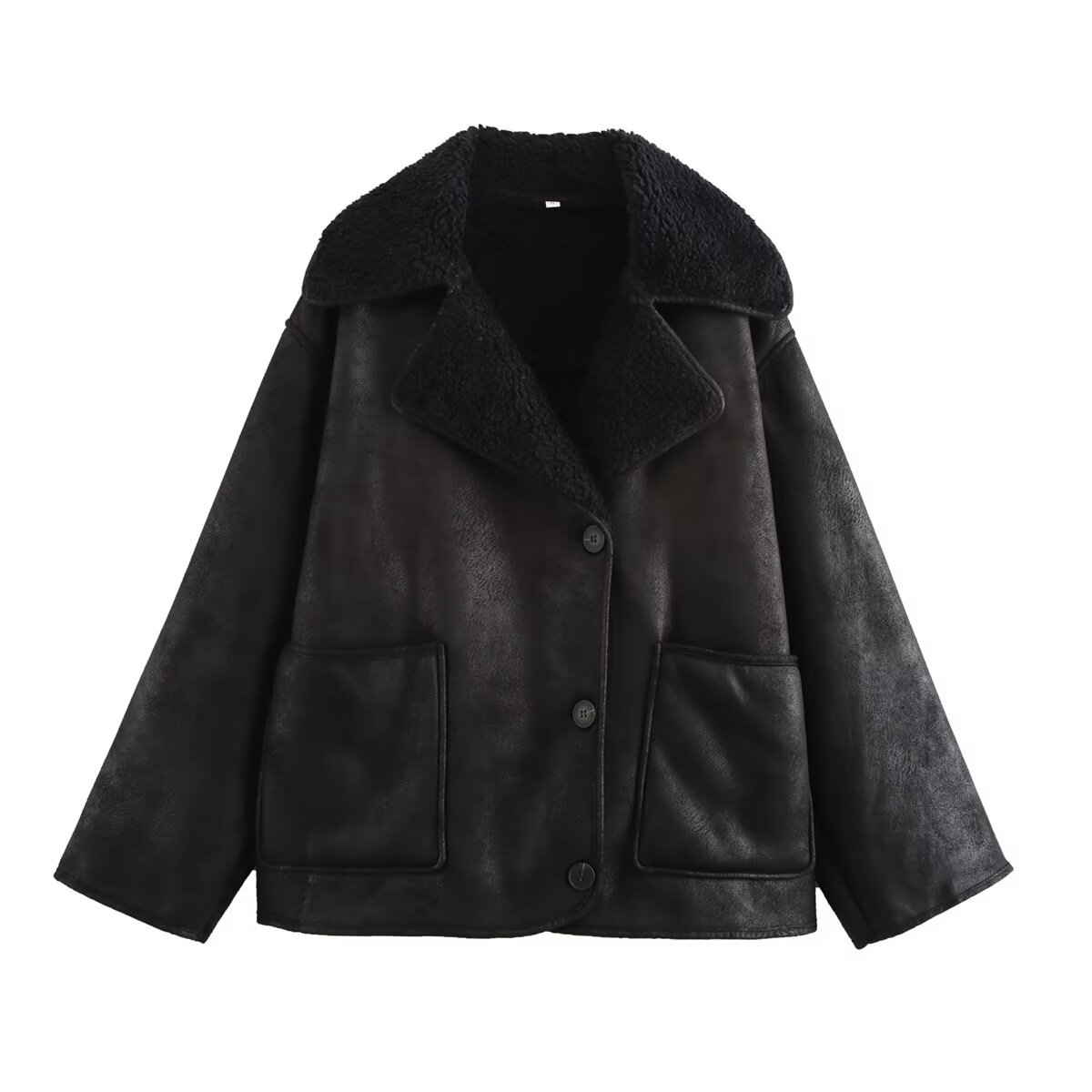 Women's Faux Fur & PU Color-Block Lapel Collar Long Sleeve Jacket Coat