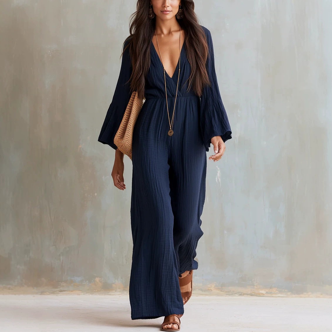 Bohemian V-Neck Wide-Leg Jumpsuit Women Long Sleeve