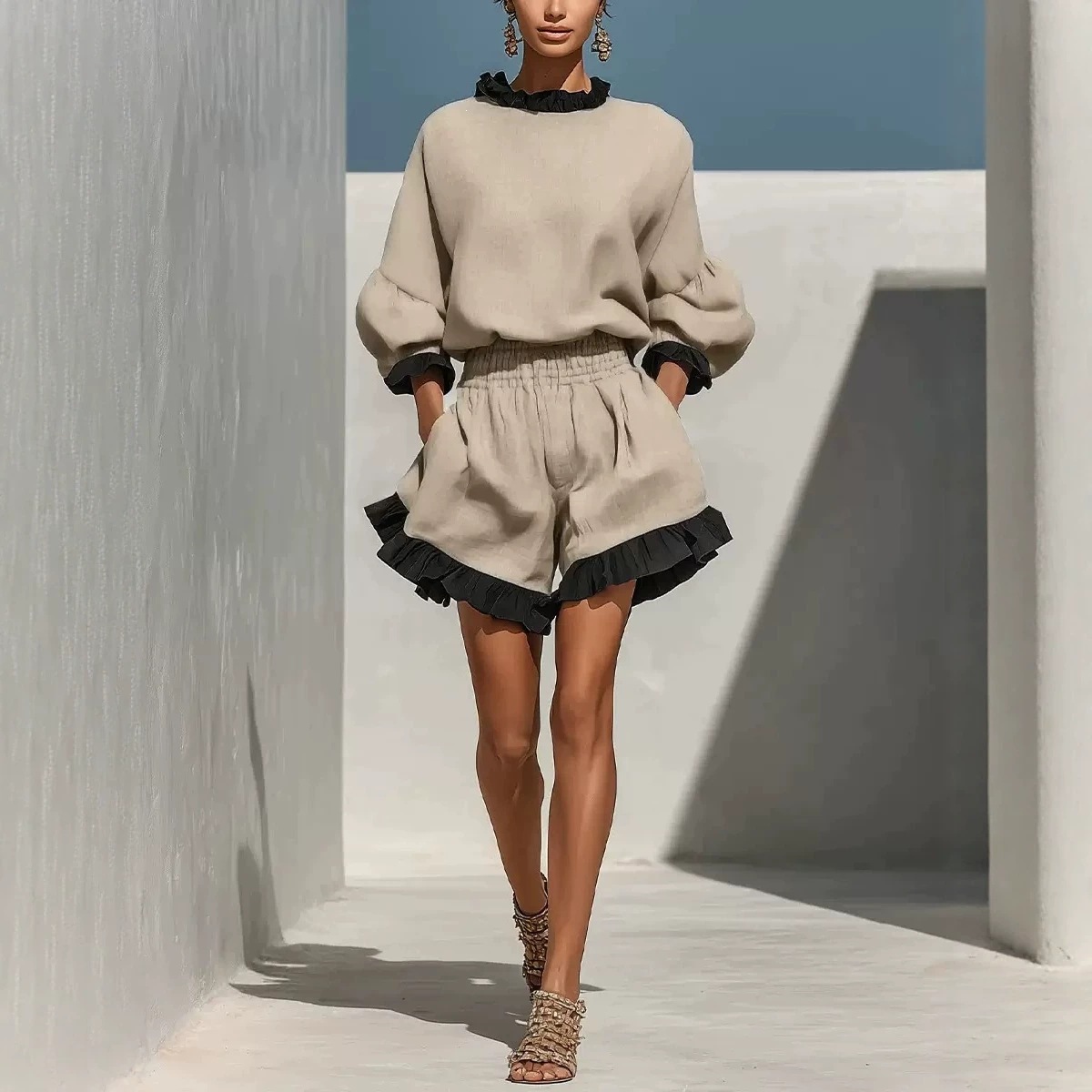 Ruffled Long-Sleeve Top & High-Waist Wide-Leg Ruffle-Hem Shorts Two-Piece Set