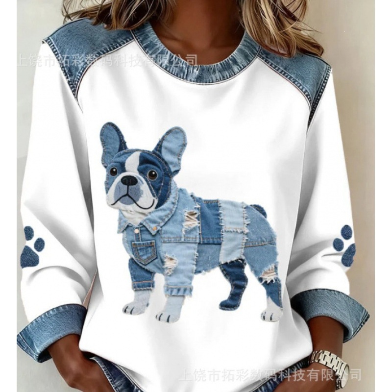3D Print Colorblock Denim Collar Pullover Sweatshirt Women's Long Sleeve Loose Fit