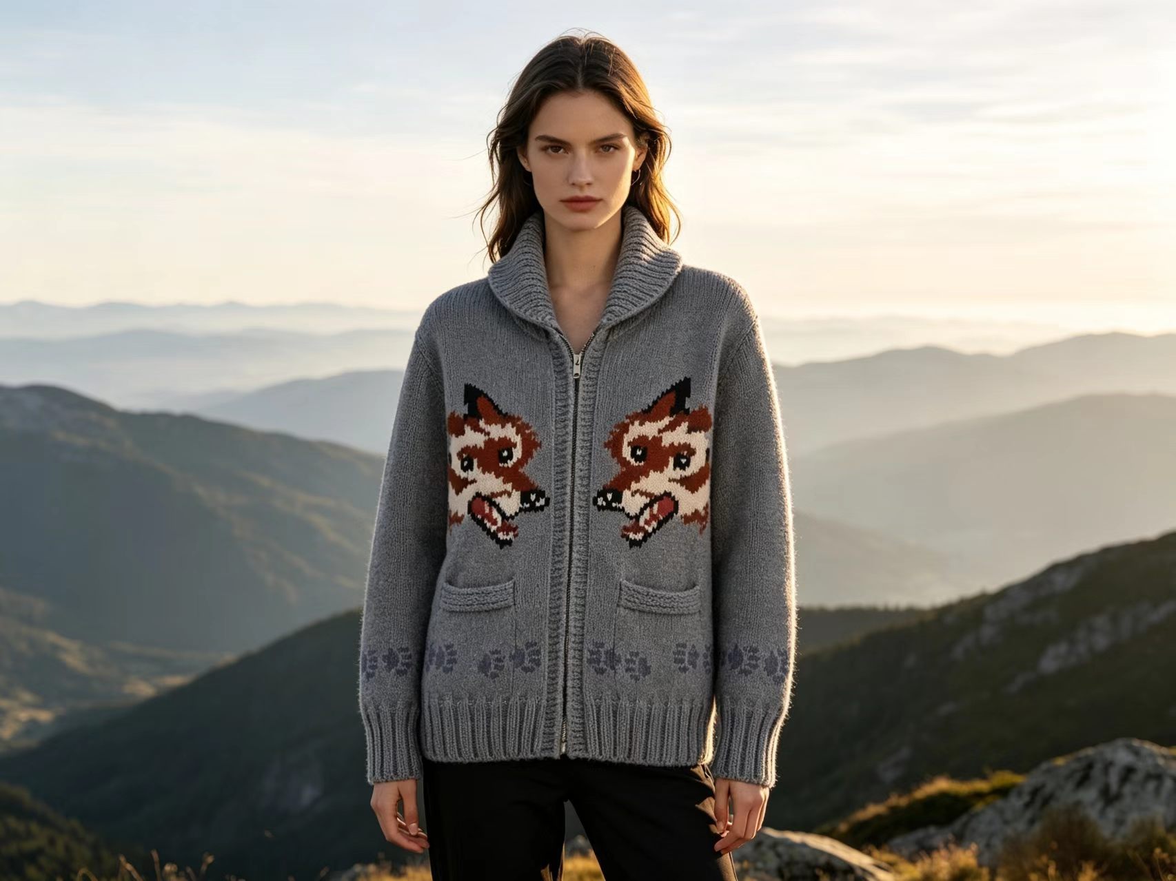 Retro Double Wolf Jacquard Zip-Up Knit Cardigan Women's Loose Lazy Sweater