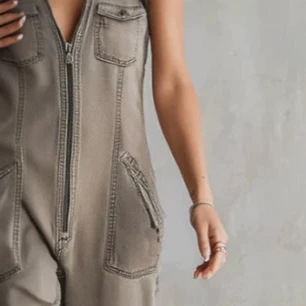 Vintage Washed Khaki Denim Sleeveless Jumpsuit