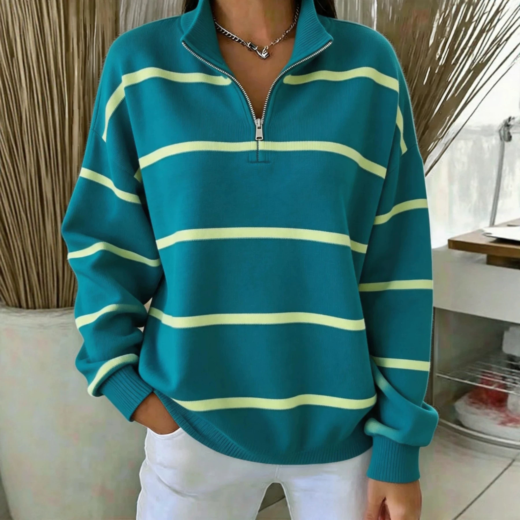 Striped Print Half-Zip Stand Collar Hoodie