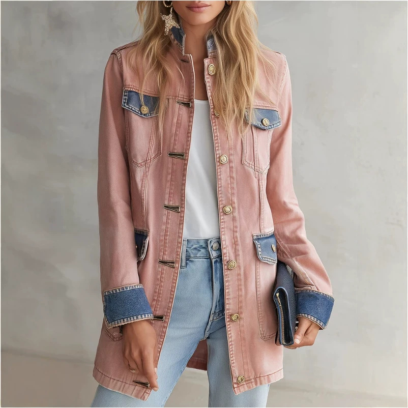 Retro Pink Denim Jacket for Women Casual Mid-Length