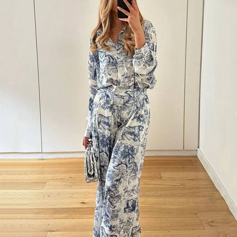 Women's Printed Batwing Sleeve Cinched Waist Wide-Leg Pants Set