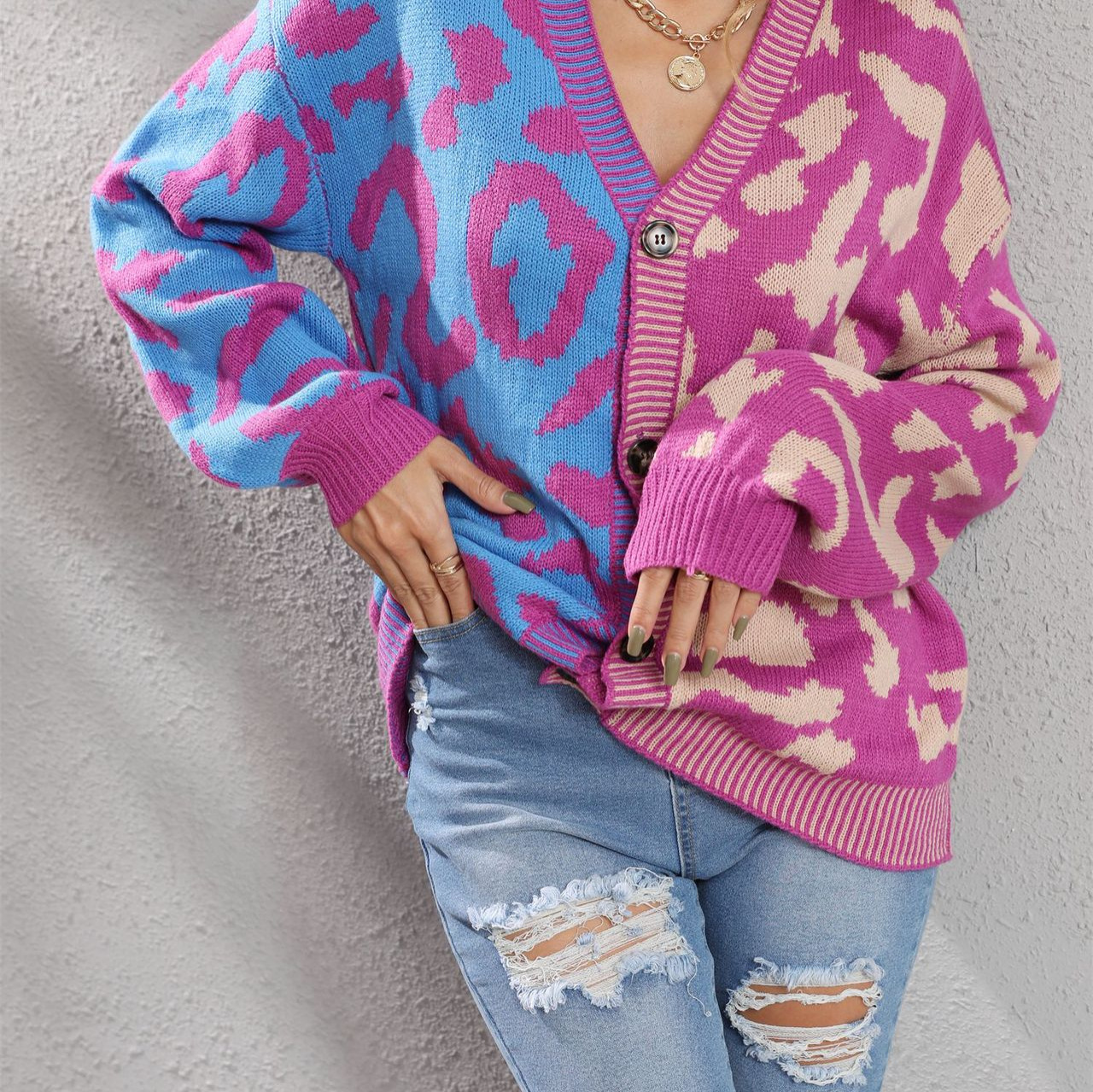 Leopard Print Patchwork Plus Size Button Cardigan Knit Sweater