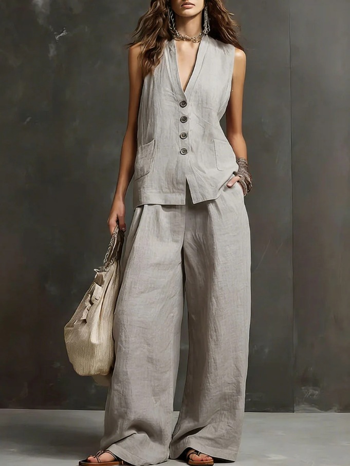 Women's Sleeveless Vest Top and Wide-Leg Pants Cotton-Linen Two-Piece Set