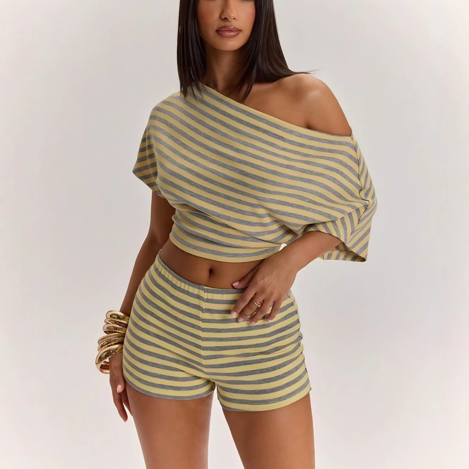 Striped One-Shoulder Short-Sleeve T-Shirt and High-Waist Shorts Set