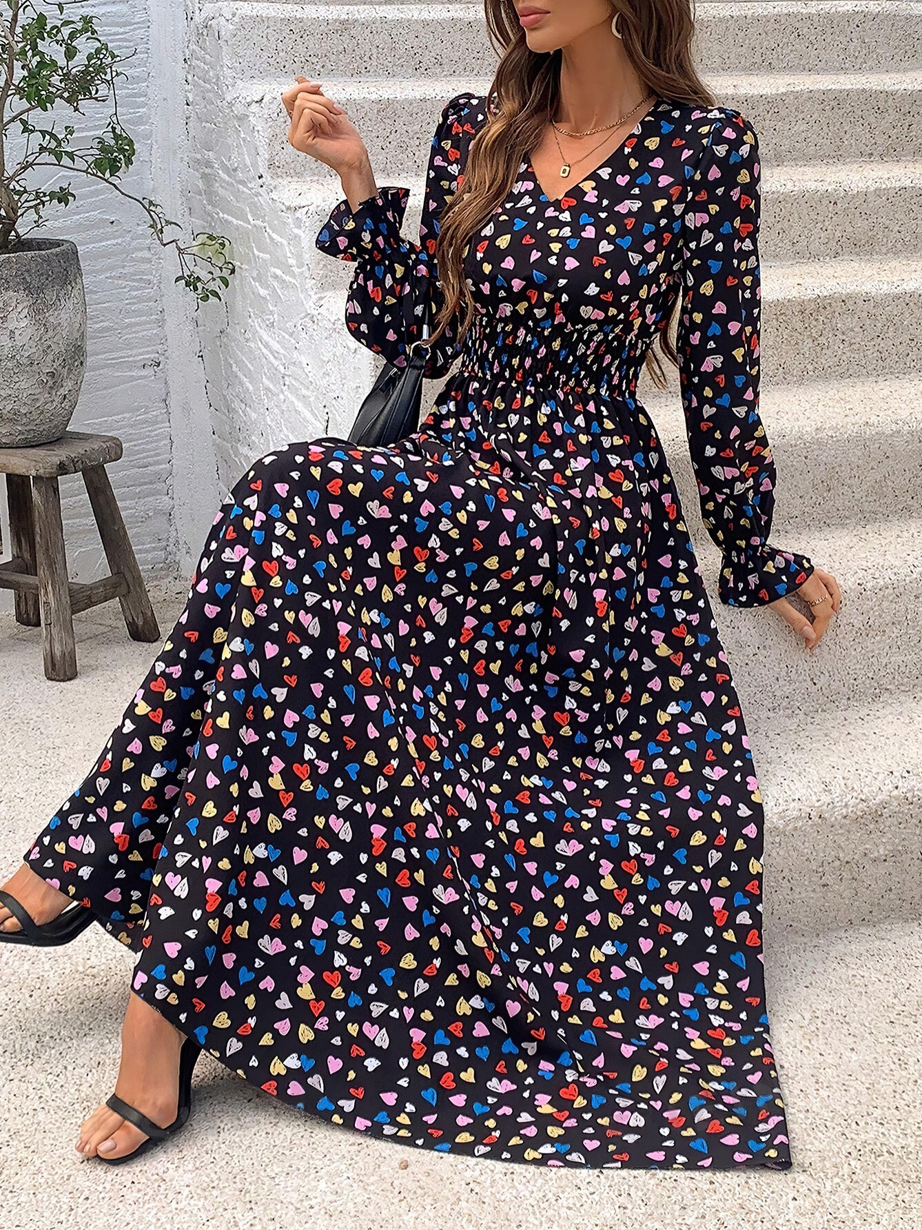 Women's Floral Print V-Neck Long Sleeve Maxi Dress