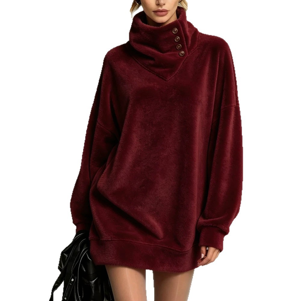 American Retro Button-Front Fleece Hoodie Women's Loose Mid-Length