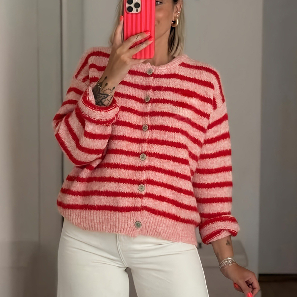 Striped Button-Front Knit Cardigan