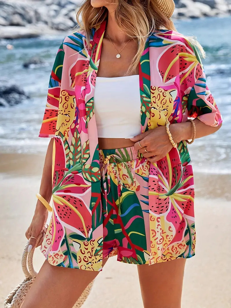 Vacation Print Two-Piece Set: Short Sleeve Tie-Front Shirt & High-Waist Shorts