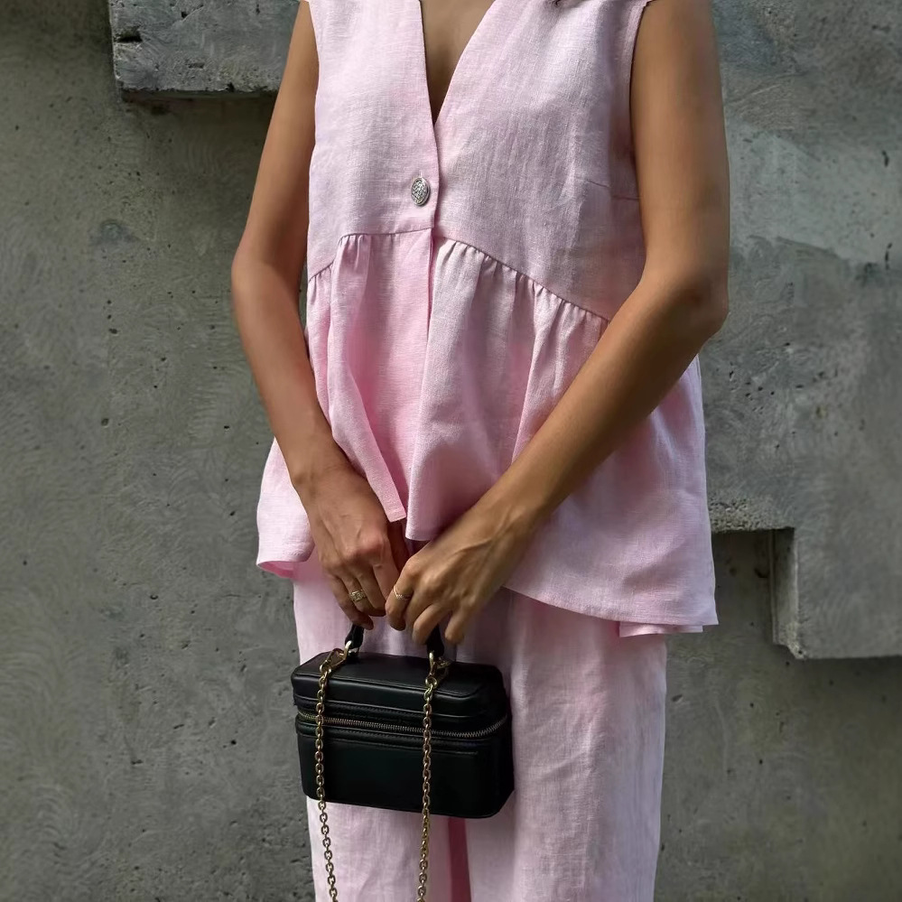 Cotton Linen V-Neck Button Sleeveless Vest and Pants Set Solid Color