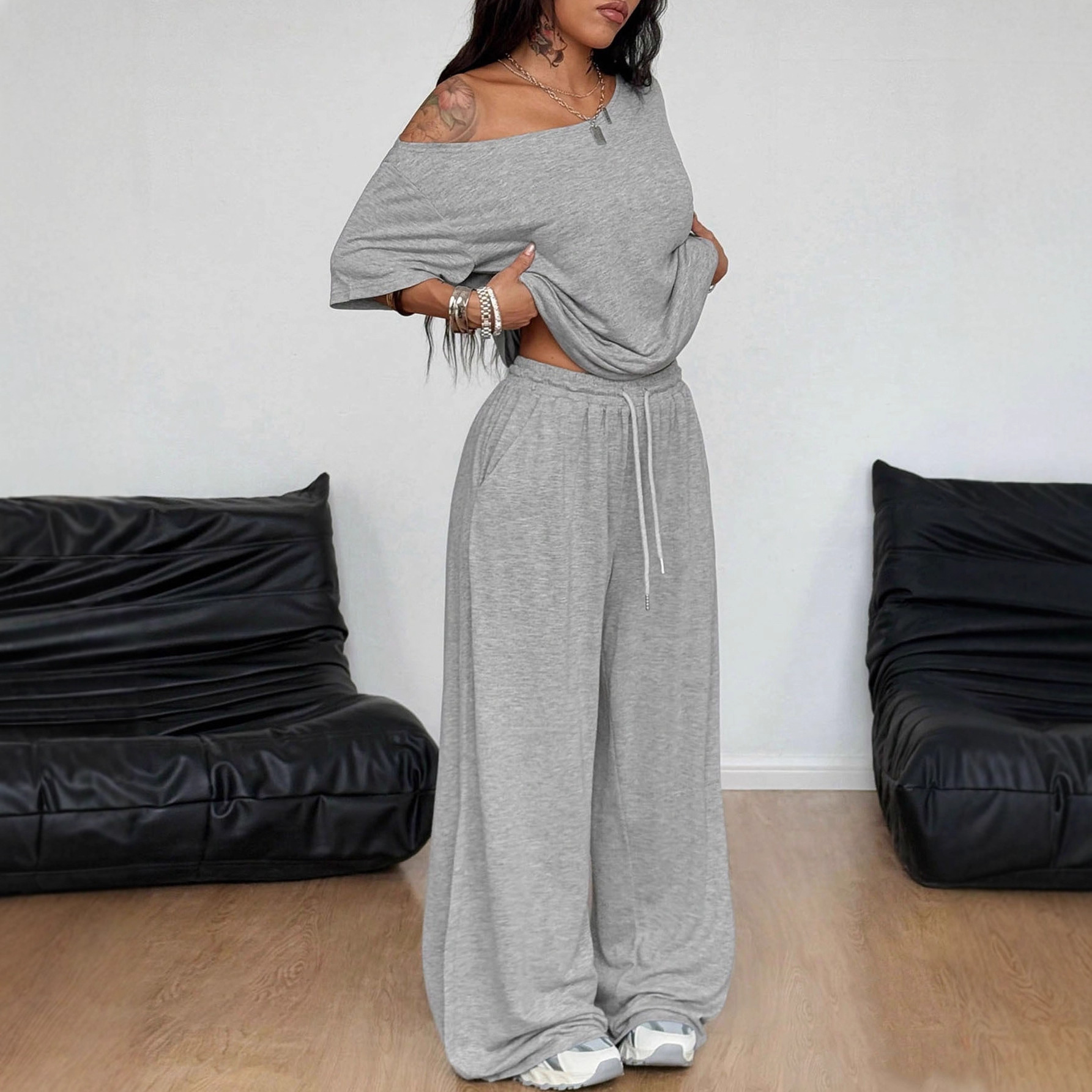 Women's High-Waist Wide-Leg Sweatpants Set Solid Color