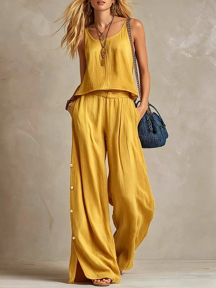 Women's Cotton Blend Sleeveless Top & Wide-Leg Pants Set
