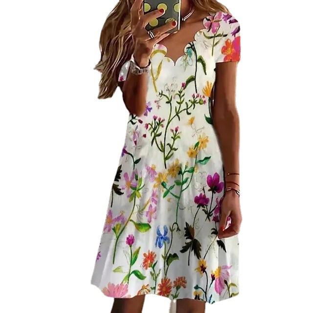 Women's Summer Digital Print V-Neck Short Sleeve Dress