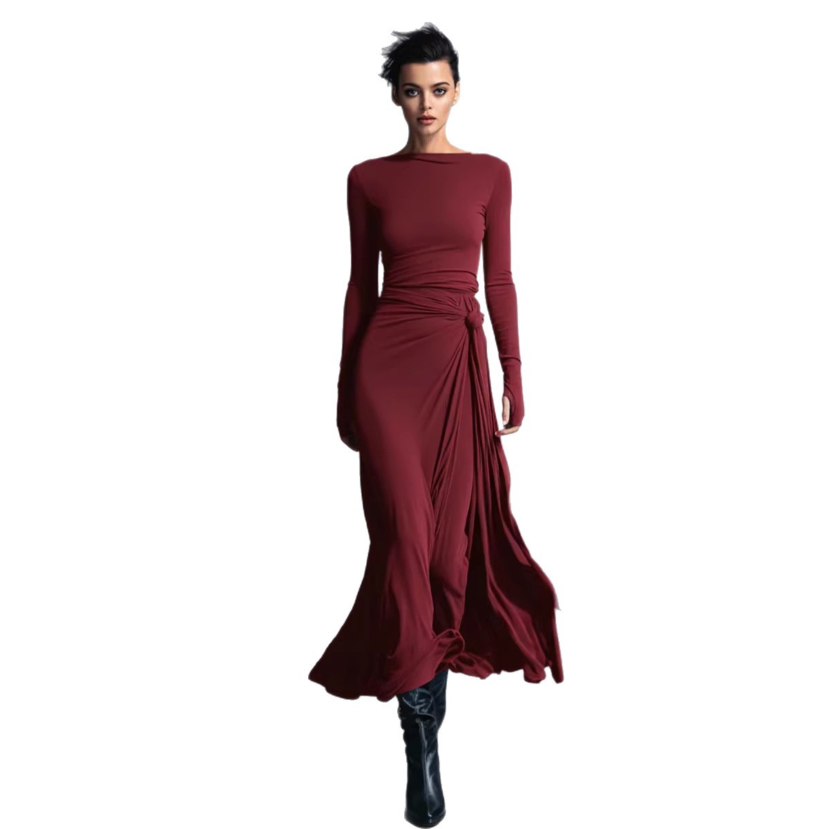 Women's Gray Fine Knit Wrap Long Dress with Knot Detail