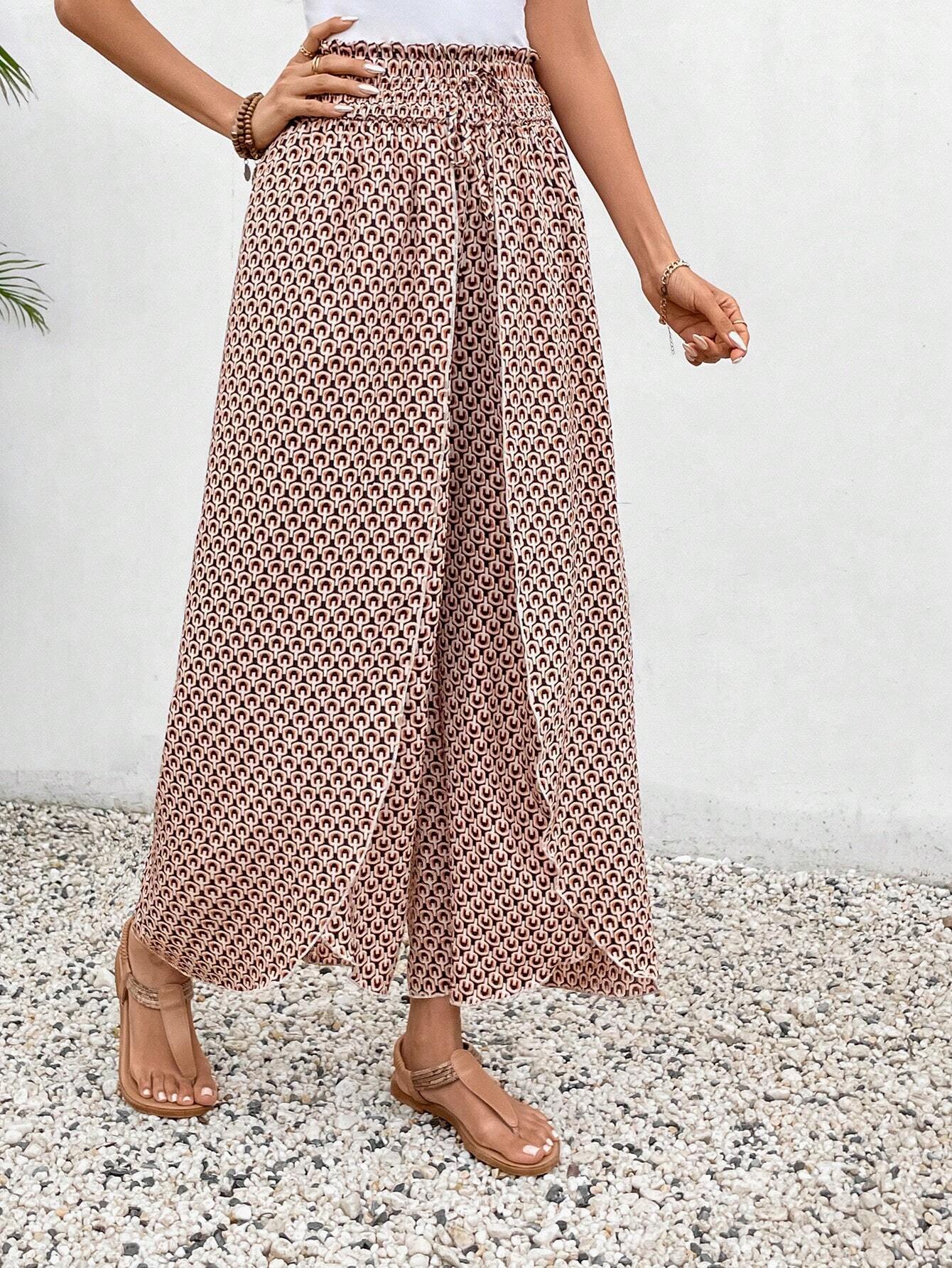 Floral Wide-Leg Skirt Pants with Side Slit