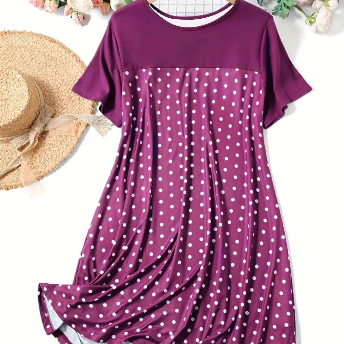 Polka Dot Round Neck Short Sleeve Sleep Dress Comfortable A-Line Dress